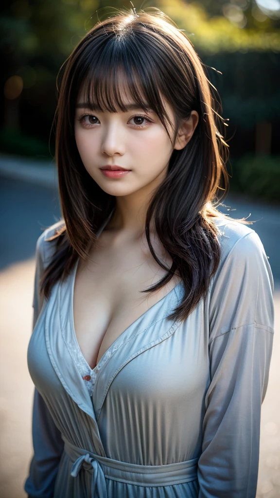 masterpiece, Best Quality, 8K, 20 yo, huge breasts, cuddly, Solo, sad, Cute, Girly, Delicate girl, Neat and clean beauty, Raw photo, Professional Photography, Portrait, Soft light, Professional Lighting, Back lighting, Upper body, front view, Sophisticated, Film grain, (Eyes and faces with detailed:1.0), short length floating hair, beautiful flowing hair, bangs, Sleep jumpsuit