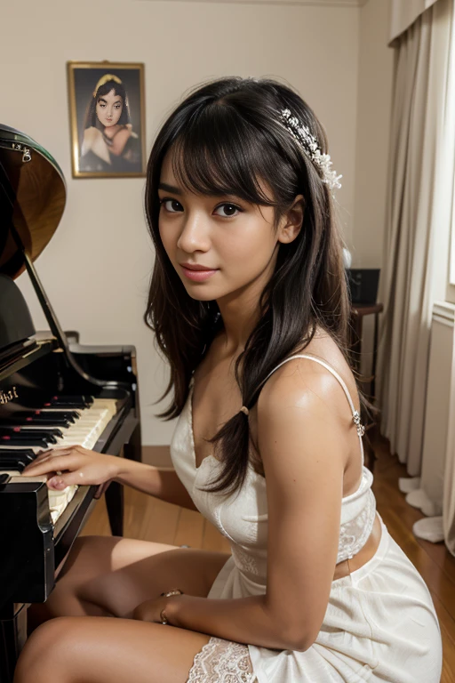 Young sweet beautiful Bogor city girl, 23 years old, descent mixed from sundanese and javanese, sweet georgeus face, slim body, black hairs pony tailed with a bangs, Greek nose, wearing white beautiful thin lace dress, playing a grand piano in empty room and singing cheerful, wearing high heels, realistic, very detail, best results, no cartoon, side view, a diamond rings on her beautiful fingers, normal fingers shape,