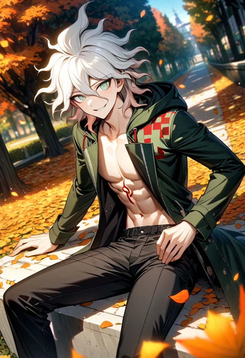 Ultra detailed, Highres, absurdres, HDR, Komaeda Nagito, white hair, expressive light grey-green eyes, Danganronpa 2, black tight t-shirt with patterns, black long coat with a hoodie, 1 sexy man only, petals, flowers, autumn, handsome, orange leaves, black pants, toned chest, extremely detailed eyes and face, smirking, sitting,