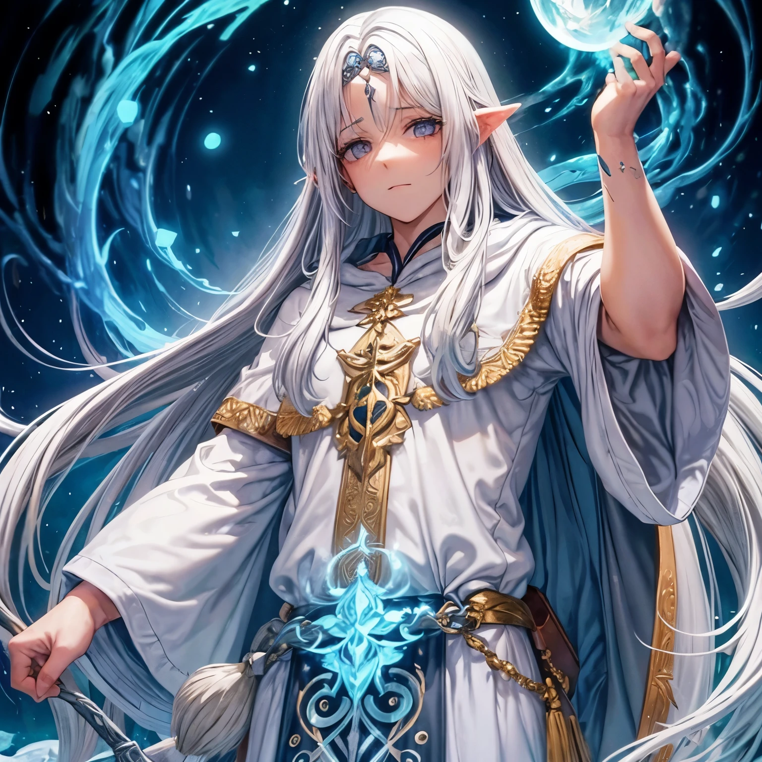 Um homem de cabelo branco, elfo, e usa magia de fantasma, e com grandes orelhas de elfos, com cabelo curto, and with two large purple ghost-style hands near the head