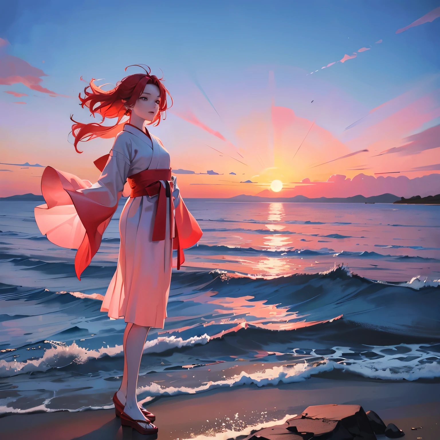 Korean redhead and tall, standing against a backdrop of deep blue sea, a red-haired Korean woman of smaller stature in front of him, both gazing out onto the endless expanse of the ocean. The setting sun paints the sky in hues of orange and pink, casting a warm glow on their faces. The man, with broad shoulders and an upright stature, wears traditional Korean attire in a vibrant shade of red, while the woman dons a traditional hanbok in soft pastel shades, with a white jeogori and a vivid red jeonju chimajeogori. The waves crash against the rocky shore, the salt-tinged air carrying the scent of the