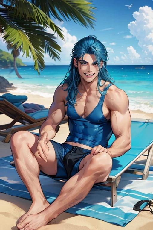 A muscular handsome blue haired man with silver eyes with long hair in swim trunks is  lounging on the beach with a goofy grin