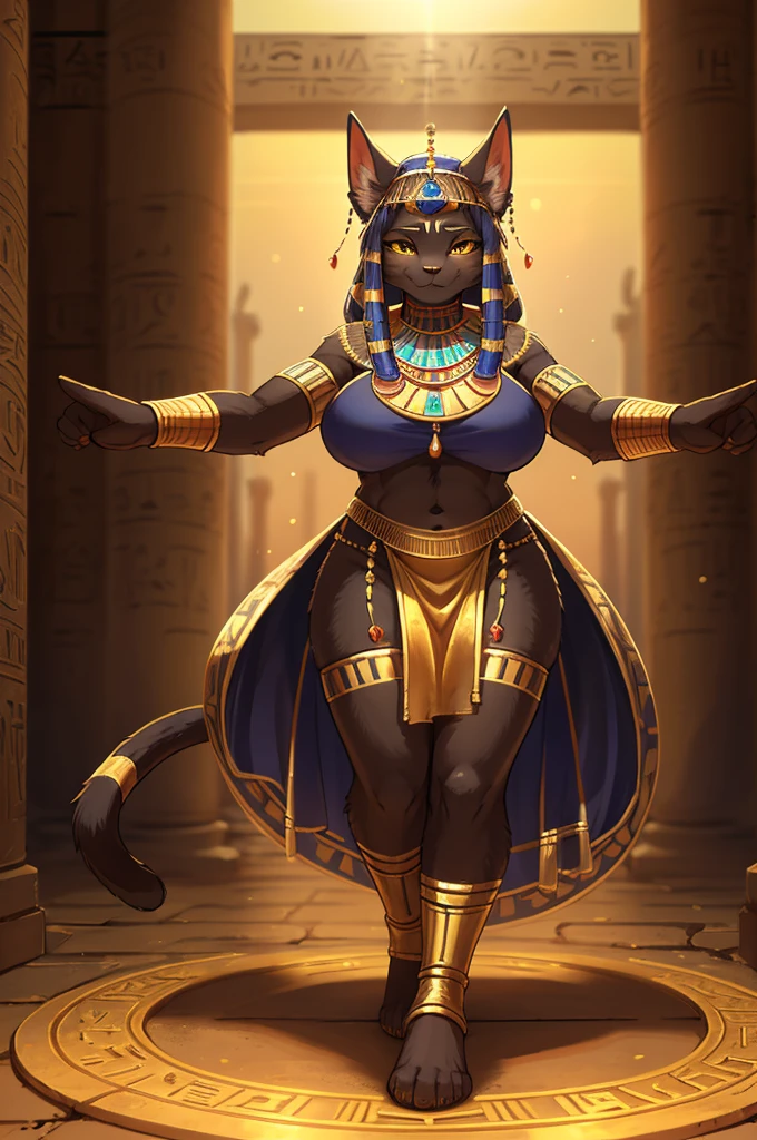 Bokeh , hairy Bastet woman , realistic hairy fur , mature Model Body Type , mature Model face , Hair ties , Ancient Egyptian royal clothing , in the ancient Egypt , dynamic cat woman pose , with Vassal , Rituals , temple