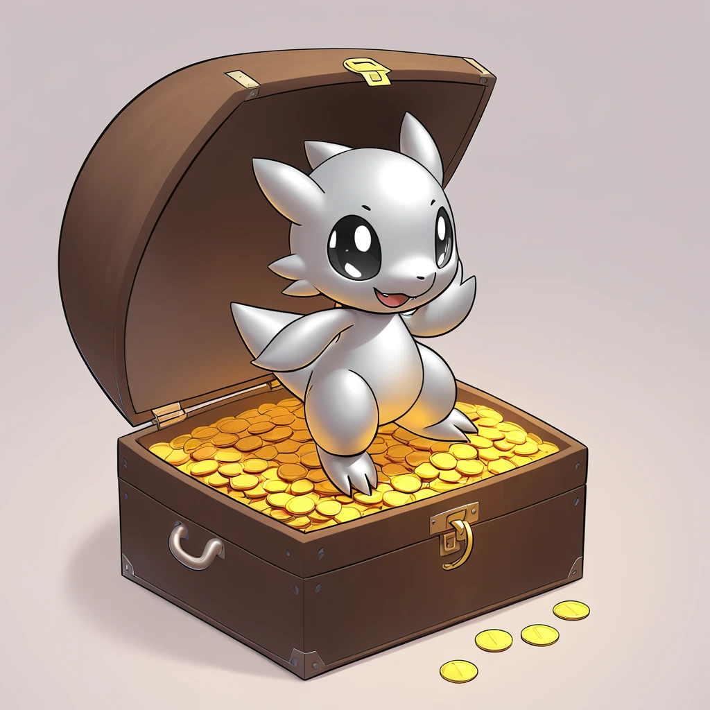 A small digimon in the shape of a coin that resides in a trunk it is full of cheer and collects money, colors are primarily silver with bronze and black-eyes, background bank
