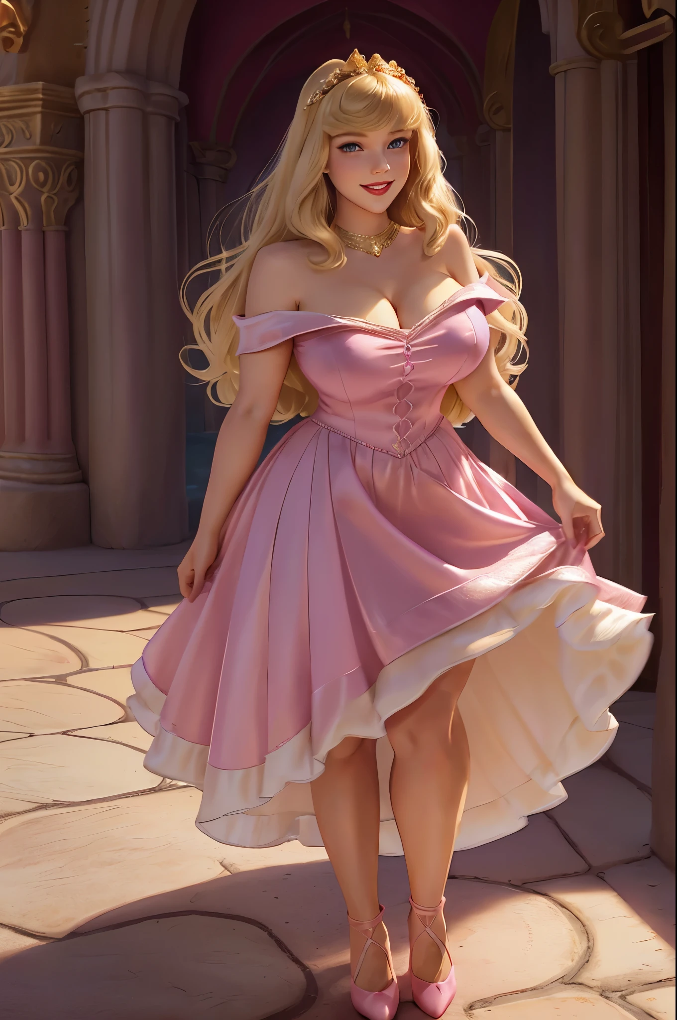 DisneyAurora 27 years old, ((( Taylor Swift:Emma Stone:0.7))) Beautiful woman (((shoulder length wavy blonde hair))) (bangs:1.2) (sparkling light pink dress, long skirt with matching heels) iridescent clothing (purple eyes) defined body, Red lipstick, smiling, hands free, standing, palace courtyard night, (huge_breasts:1.4) (curvy:1.3)(chubby:1.1)