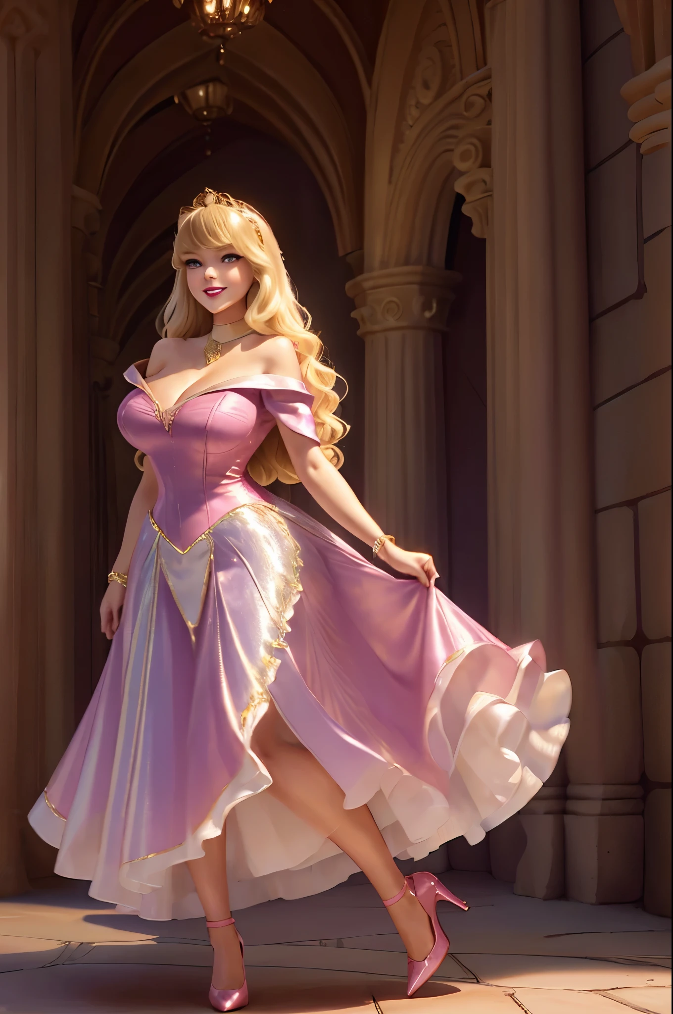 DisneyAurora 27 years old, ((( Taylor Swift:Emma Stone:0.7))) Beautiful woman (((shoulder length wavy blonde hair))) (bangs:1.2) (sparkling light pink dress, long skirt with matching heels) iridescent clothing (purple eyes) defined body, Red lipstick, smiling, hands free, standing, palace courtyard night, (huge_breasts:1.4) (curvy:1.3)(chubby:1.1)