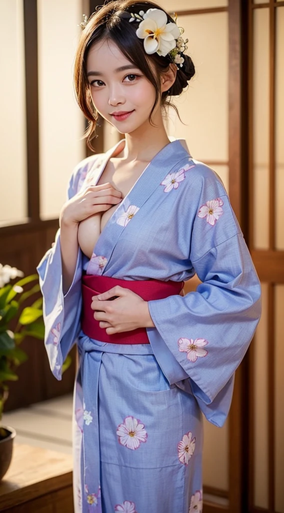 (masterpiece, highest quality:1.4), Beautiful Face, 8k, 85mm, Absurd, (Floral Yukata:1.4), Face close-up, violet, Gardenia, Delicate girl, alone, night, View your audience, Upper Body, Film Grain, chromatic aberration, Sharp focus, Face Light, Professional Lighting, Sophisticated, (smile:0.4), (Simple Background, Bokeh Background:1.2), detailed aspects,((Show one breast:1.67),((Very young, Very few, Very flat chest:1.5),(Very happy face:1.25)