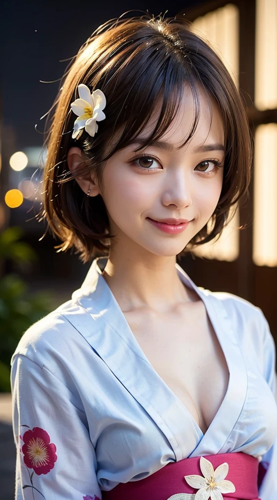 (masterpiece, highest quality:1.4), Beautiful Face, 8k, 85mm, Absurd, (Floral Yukata:1.4), Face close-up, violet, Gardenia, Delicate girl, alone, night, View your audience, Upper Body, Film Grain, chromatic aberration, Sharp focus, Face Light, Professional Lighting, Sophisticated, (smile:0.4), (Simple Background, Bokeh Background:1.2), detailed aspects,((Show one breast:1.67),((Very young, Very few, Very flat chest:1.5),(Very happy face:1.25)