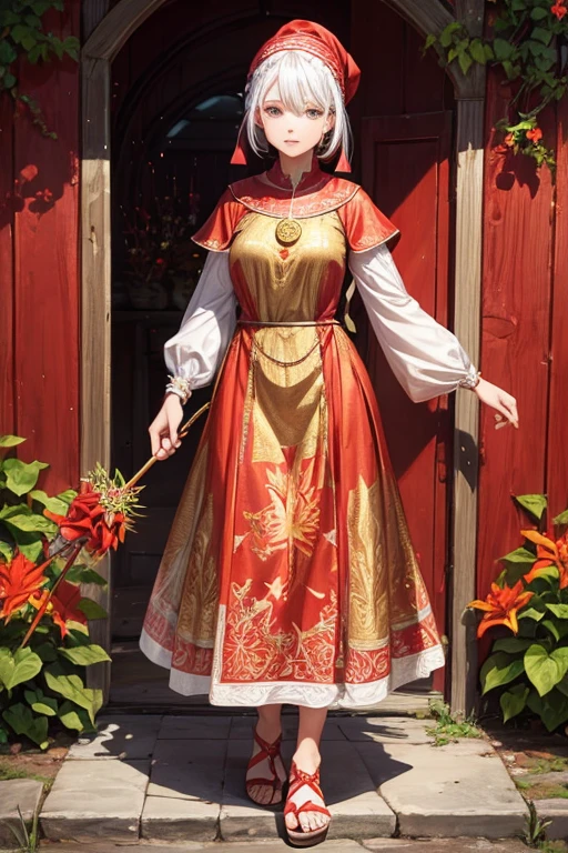 90-year-old elderly woman white hair medieval clothing red glore-print dress with a bandana in her hair a gold pendant brown leather sandals holding a red lily flower background of a garden with flowers