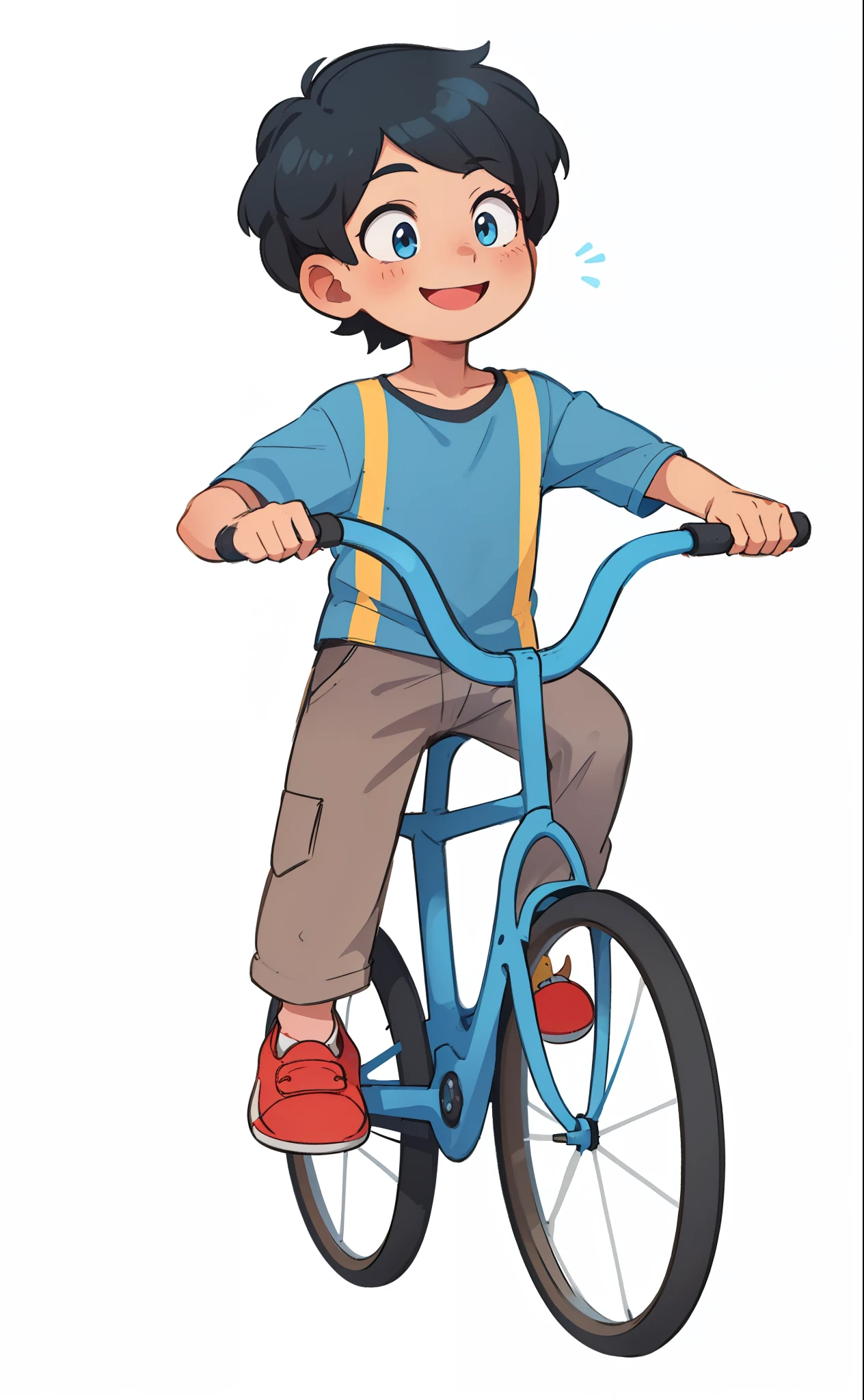 a smiling boy, fair skin, with black hair, blue shirt, riding a bicycle book illustration, children's book illustration, children's book illustration