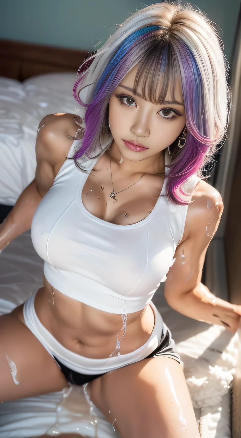 masterpiece, 8k, Award-winning photo, photoRealistic, Realistic, Very detailed, Ultra-high resolution, Ray Trakun, ///one person, The most beautiful, 20-year-old , (sexy, Japanese Idols), (Rainbow Hair:1.3),///Human details Shiny skin , Detailed skin , Beautifully detailed face , Beautiful details , /// (double eyelid, Droopy eyes), (Brightly colored large breasts:1.2), Sunburn, ///(((whole body, Squat,))), (From above:1.3), Remember, ///(Bedroom:1.8), Blurred Background, /// jewelry,Earrings,necklace,(Tank top:1.5),(Shorts:1.3)),A well-trained body,((Red cheeks)), ((Troubled face:1.2)),Big Breasts,Curly Hair,(Sexy lips:1.5),
///Finished ultra-Realistic textures, RAW Photos,Shine,(Body wet with white liquid:1.8)