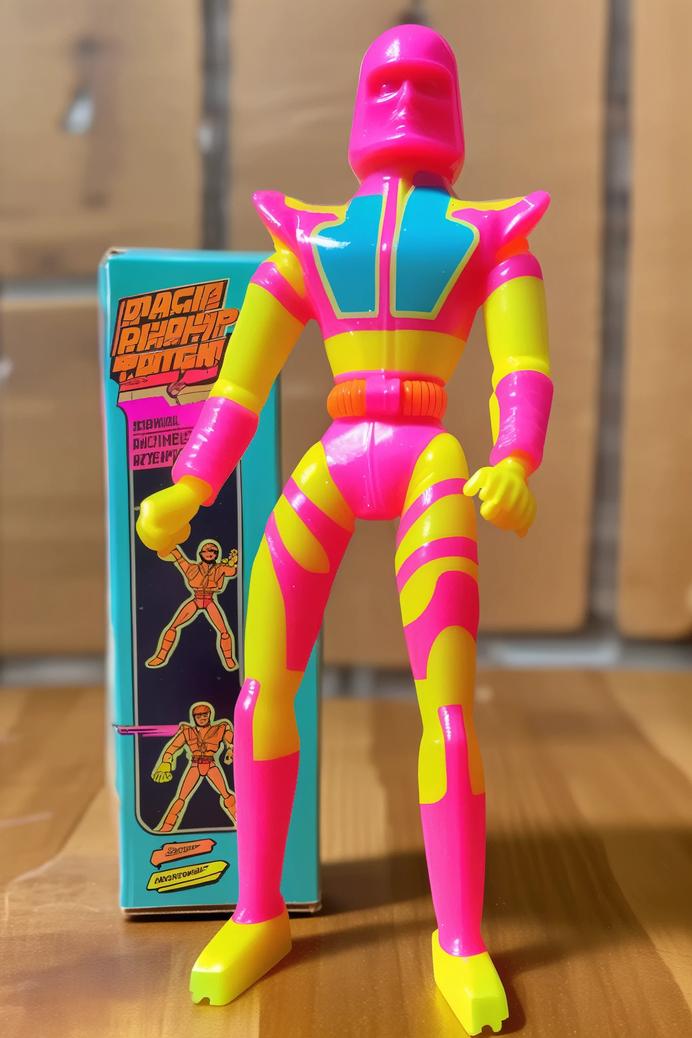 1987 Action Figure Playset Packaging - a 1970s die cast kenner style action figure shaped like a neon colored stick rotor for adult standing next to its cardboard and plastic packaging