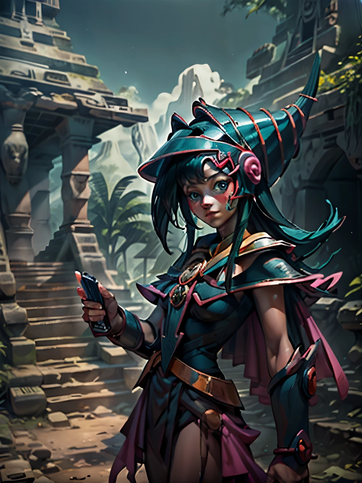 Dark magician taking a selfie in some Mayan ruins. Ella tiene cabello rubio. ojos azules. Labios rojos. Se toma una selfies en  unas ruinas mayas. Selva y jaguares a si alrededor 