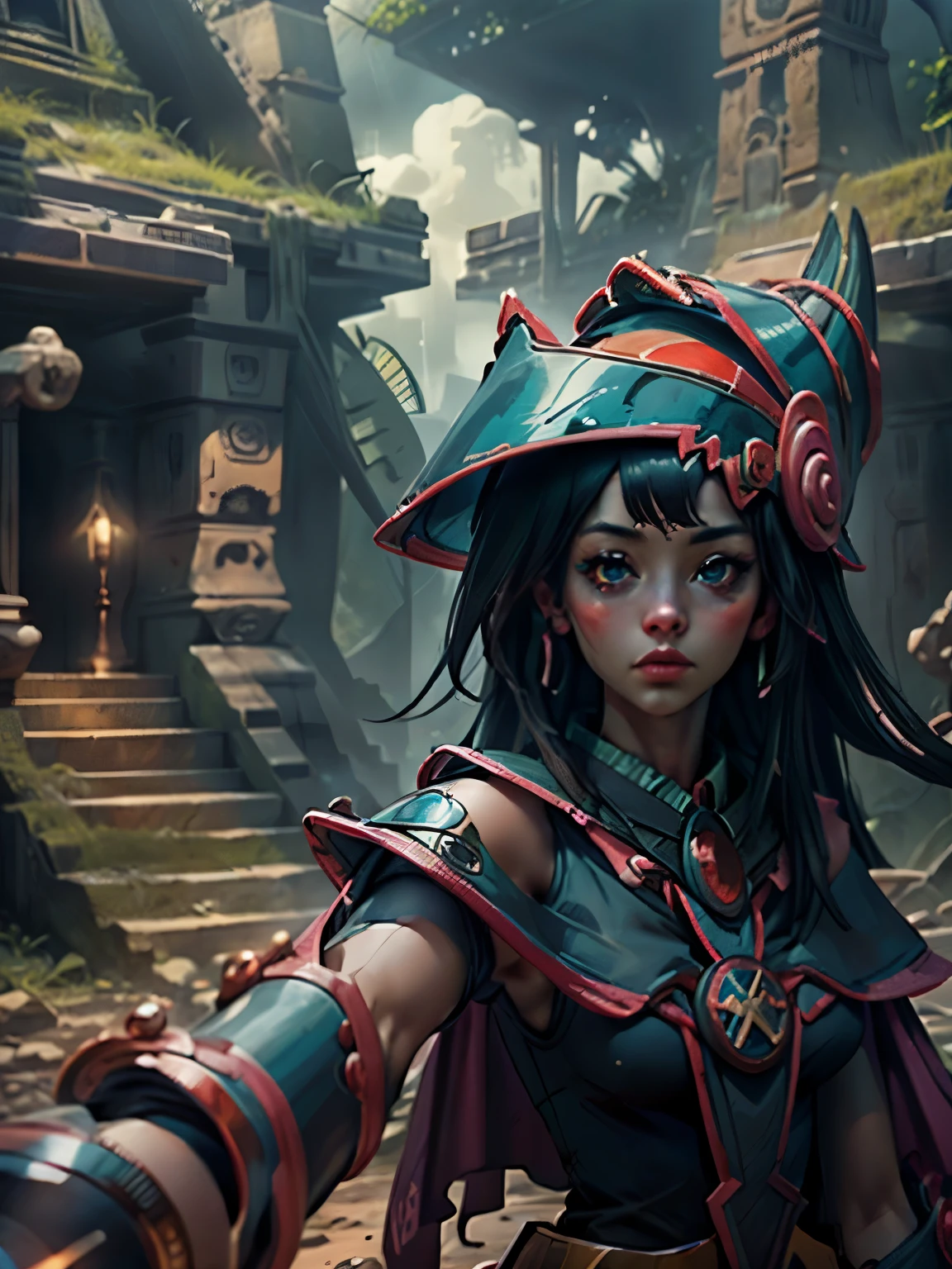 Dark magician taking a selfie in some Mayan ruins. Ella tiene cabello rubio. ojos azules. Labios rojos. Se toma una selfies en unas ruinas mayas. Selva y jaguares a si alrededor
