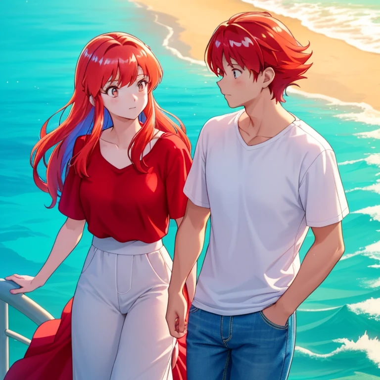 Two red-haired individuals standing before the ocean, Anime-style, with the setting sun casting a warm, golden glow on their vibrant hair and the water behind them, creating a breathtaking, picturesque backdrop. The woman, clad in a flowing, vivid red dress, tilts her head slightly, her gaze fixed on the horizon, as if lost in thought. The man, dressed in a casual white shirt and jeans, places his hand on her shoulder, offering a comforting gesture. Both of them exhibit a sense of tranquility and contentment, as if they have found a moment of peace amidst the vast expanse of the sea before them. This scene, with its intricate details and capt