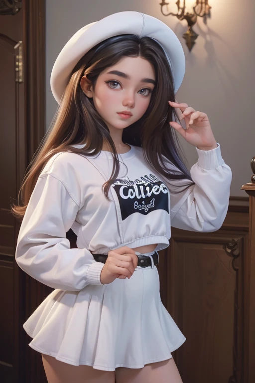 obra de arte, mejor calidad, high resolution, ela1, (pelo sobre los ojos:1.1), cola de caballo dividida, recorte de ropa, juguetes, joia, minifalda, falda blanca, collant, chaqueta blanca, mangas largas, tiro de vaquero, de pie,