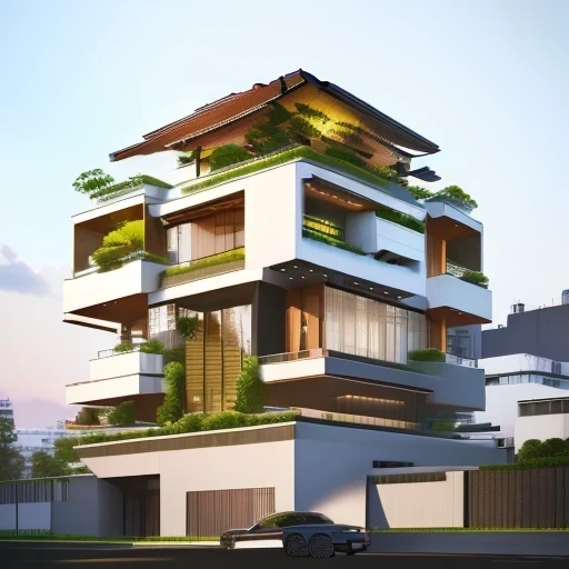 This corner building has a size of 17m x 17m on the first floor and consists of 4 floors. The design of the building combines modern style with a blend of Indochine style. The first and second floors are used as a restaurant, while the third and fourth floors are for residential purposes. The building has balconies that extend 1.5m on both sides of the street. The balconies on the third and fourth floors have planters for climbing plants and provide shade from the west, creating a modern shape. This design creates a cool and open space that connects with the outside environment. The building design utilizes many glass doors to make use of natural light and create a sense of expansion for the interior space. The glass doors also serve as a highlight for the architecture of the building, blending the indoor and outdoor spaces. Additionally, the building has a rooftop terrace with an elevator, providing space for entertainment and relaxation while enjoying the view. In summary, this corner building has a versatile and harmonious design, suitable for business activities such as a restaurant and providing a comfortable living space for families. 