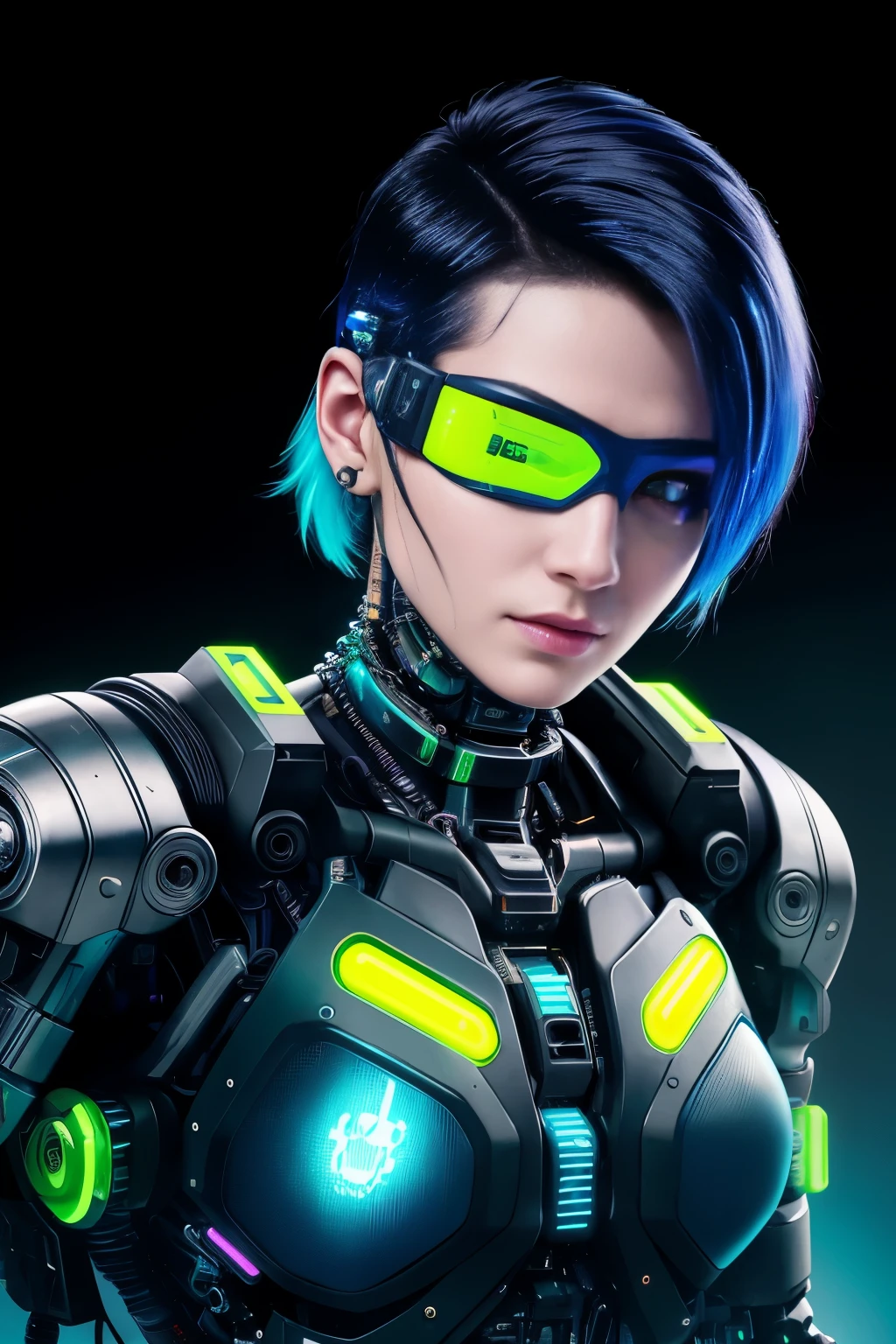 Cyberpunk Girl, Special Forces, No Helmet, Neon Blast Background, Virtual World, HD, Photo Art, Black Transparent Google Eye Mask, Art Painting Face, Combat Action, Ultra-Detailed
A 25-year-old cybernetic girl, raw, cybernetic beauty, (Extra short neon blue hair), ((Portrait)), ((Detailed face:1.2)), ((detailed facial features with cybernetic enhancements)), ultra-detailed skin, pale skin with neon veins, , wrapped in a tactical vest, Virtual World environment, Kneeling in combat stance, (neon bright color scheme), Highly-contrasted, Reflectors,