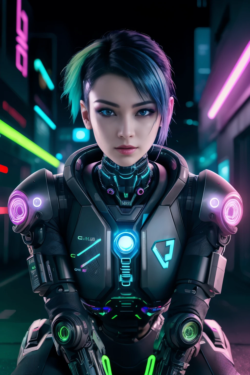 Cyberpunk Girl, Special Forces, No Helmet, Neon Blast Background, Virtual World, HD, Photo Art, Black Transparent Google Eye Mask, Art Painting Face, Combat Action, Ultra-Detailed

A 25-year-old cybernetic girl, raw, cybernetic beauty, (Extra short neon blue hair), ((Portrait)), ((Detailed face:1.2)), ((detailed facial features with cybernetic enhancements)), ultra-detailed skin, pale skin with neon veins, , wrapped in a tactical vest, Virtual World environment, Kneeling in combat stance, (neon bright color scheme), Highly-contrasted, Reflectors,
