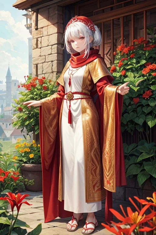 An elderly grandmother of 90 years old, white hair, medieval clothing, red dress with glore print, a scarf in her hair, a golden pendant, brown leather sandals, holding a red lily flower, background of a garden with flowers.