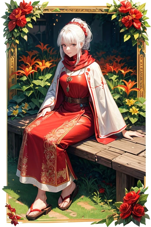 An elderly grandmother of 90 years old, white hair, medieval clothing, red dress with glore print, a scarf in her hair, a golden pendant, brown leather sandals, holding a red lily flower, background of a garden with flowers.