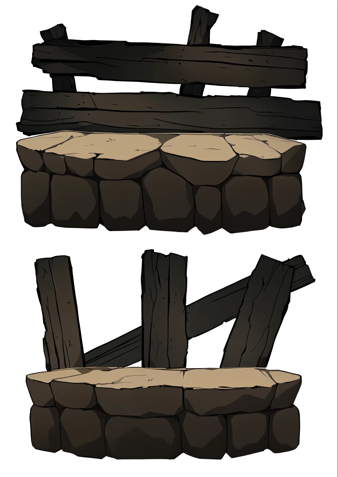 um desenho animado de uma estrutura de pedra e madeira com uma cerca de madeira, ativo do jogo, 2d ativo do jogo, 2 d ativo do jogos, fortaleza de madeira da parede, hand painted textures, ativo do jogos, texturas estilizadas, cercas detalhadas e muros de pedra, texturas dev, suportes de madeira, tilset, seperated ativo do jogo, pintado como uma arte conceitual de jogo, stylised hand painted textures