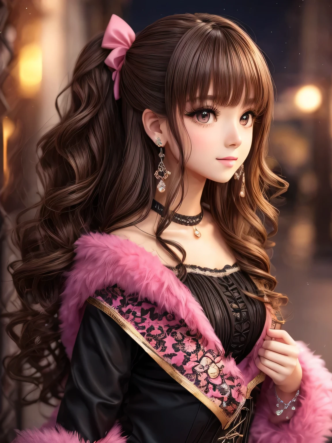 A girl with curly, dark blonde hair and an oval face. She has round, doe eyes with brown color and manga-style eyelashes. She is wearing gyaru makeup and animal print clothes, which reflect her gyaru clothing style. Her outfit consists of black and pink colors, with a corset and skirt adorned with bows. She has long, pink nails and wears earrings with pom poms. The girl poses cutely, radiating a sense of charm and innocence.
The image should be of the best quality, with a resolution of 4k or higher. It should be ultra-detailed and have a photorealistic effect with a strength of 1.37. The lighting should be vibrant and evoke a studio-like atmosphere. The colors should be vivid and the image should have a bokeh effect in the background. The overall style of the image should be in line with portraits and anime. The colors should be vibrant and colorful, with a soft, warm light illuminating the scene.