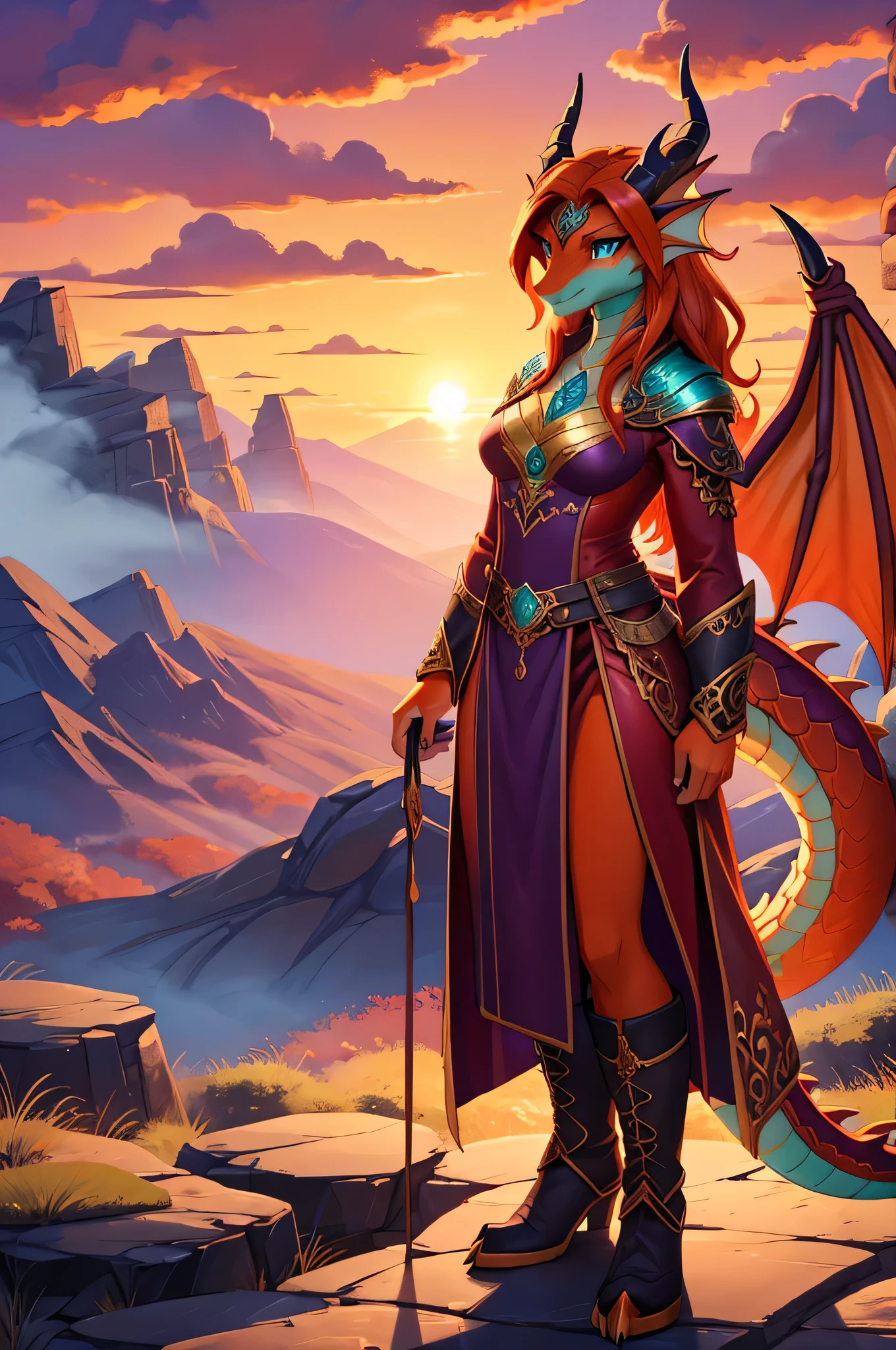 fantasy style art, beautiful anthropomorphic female dragon, mature and young, tall character, 5 feet 11 inches tall, dragon body, dragon head, dragon snout, dragon eyes, dragon skin, long wavy bright orange hair, bright teal eyes, sparkling teal eyes looking at viewer, shapely body, skinny body, healthy body, orange scaly dragon skin, highly detailed scales, covered in orange scales, purple and red warrior outfit, ornate red clothes, fancy purple patterns and symbols, 2 red dress coattails hanging down her sides, high brown leather boots, long draping red sleeves, 2 large orange dragon wings, wings on both sides, orange dragon horns, standing on top of a mountain, at the mountain peak, sunset, brilliant cloudy sky, sunset lighting up the clouds, high quality digital art, 2k, professional illustration