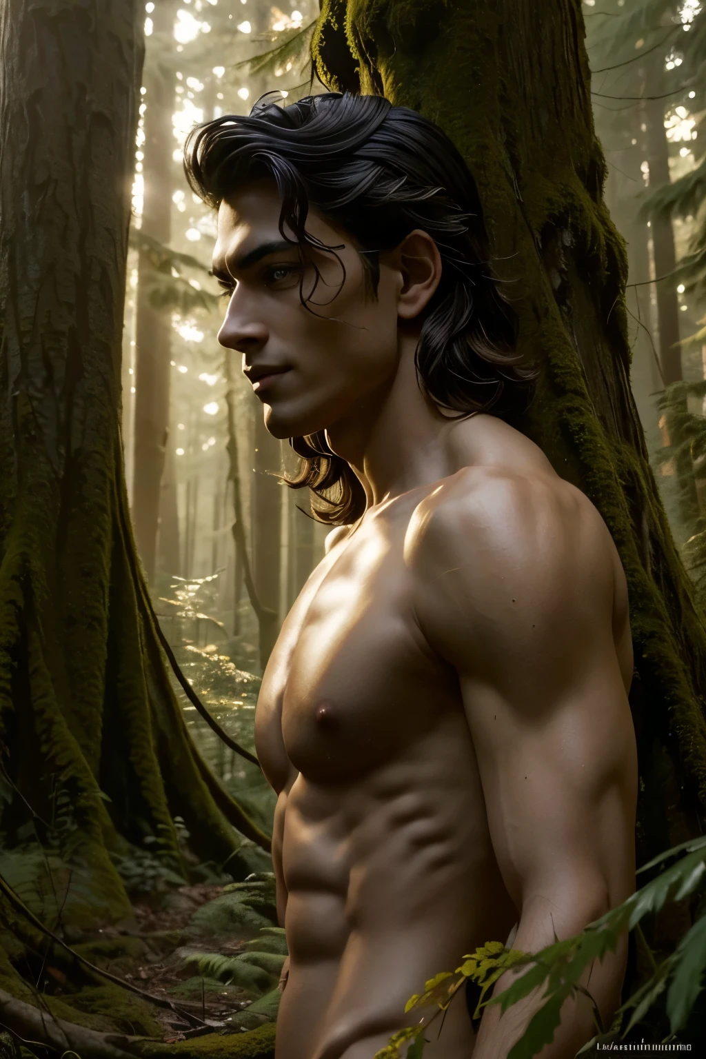Breathtaking Realistic Photograph of a Charming Satyr-like Male, Playful Smile, Mystical Forest Backdrop, Shot using Leica 50mm, f/2.8, Chiaroscuro, Golden Hour --ar 3:4 --No Tattoos --Stylize 500 --S2, Handsome Satyr, Full-length, Eternal Beauty, Mystical Aura, Playful Eyes, Golden Locks, Chiseled Face, Muscular Physique, Chiaroscuro Effect, Golden Hour Lighting, Detailed Environment, Majestic Forest, Mossy Trees, Mystical Creatures, Dappled