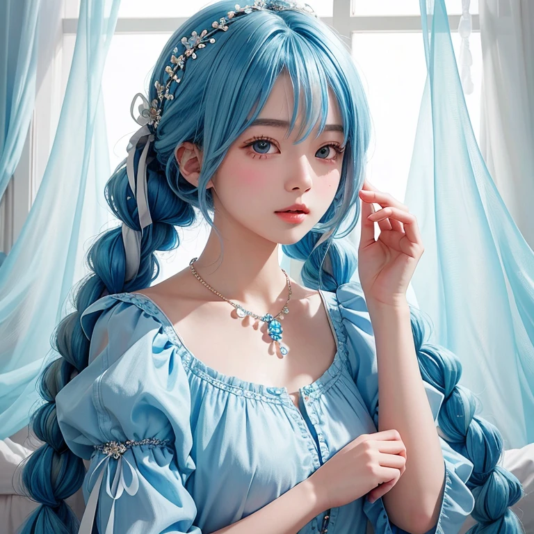 Fantasy Art Portrayal: A Young Girl with Vibrant Blue Pigtails and Necklace

This captivating illustration showcases a young girl adorned with a colorful wig of radiant blue hue, her blue hair elegantly divided into two extremely long braids, intricately woven into eye-catching pigtails. The hairstyle is a delightful blend of youthful charm and whimsy, accentuated by a delicate necklace. The girl's fair complexion shines with an ethereal glow, her beautifully detailed eyes sparkling with a subtle, enchanting luster. The high-resolution 8K image boasts an ultra-
