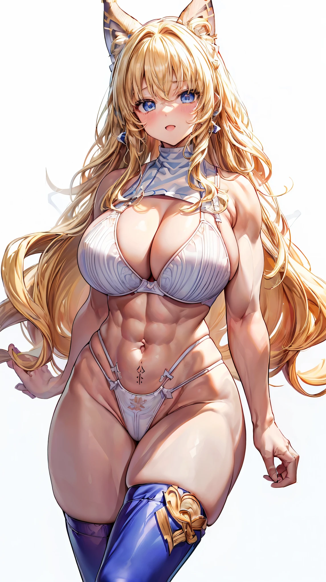 Very detailed、highest quality、Best image quality、masterpiece、8k、Anime Face、A kind smile、(Open your mouth:1.3)、Sparkling blue eyes、(Blonde Wavy Hair:1.5)、(Muscles of the whole body:1.3)、(highleg:2.0)、(Wearing a thong:1.5)、Thigh belt、(Cowboy Shot:1.5)、(SFW Giant)、(Thick body:1.2)、(bra:1.5)、(sxspnts)、(White background:1.5)