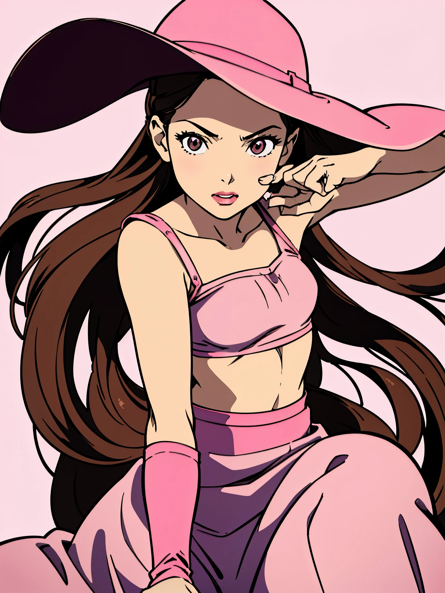 digital art drawing, illustration of (woman, long brown hair mid part, brown eyes, sexy facial expression, pink crop tube top, pink skirt, pink long boots, small pink cowboy hat, red lips, in a pink convertible car), anime drawing/art, bold linework, illustration, digital art, masterpiece, flat illustration, no shadows, 8k resolution, high detail, vector art, only anime, perfect eyes, perfect hands, perfect fingers, sharpness, high clarity, medium shot, high fidelity
