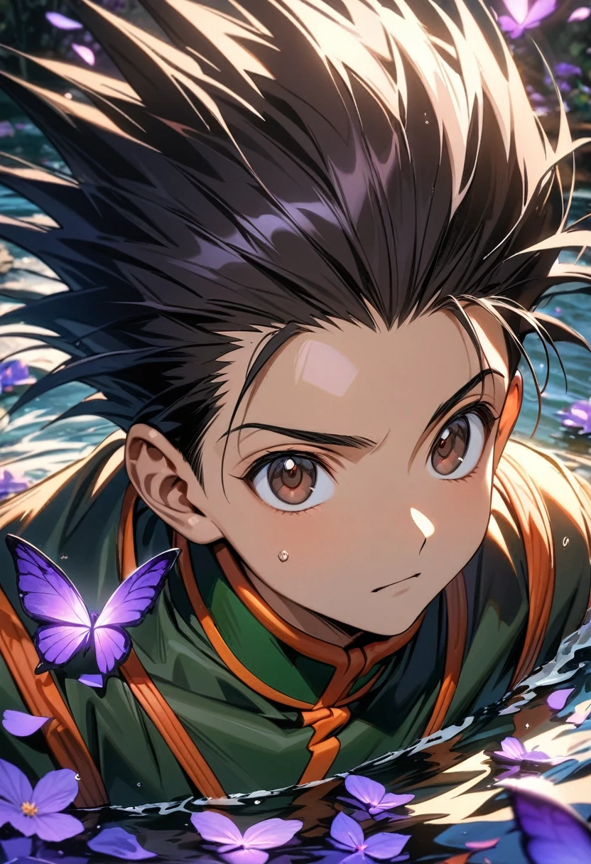 absurdres, highres, ultra detailed, HDR, master piece, best quality, Gon Freecss, black hair, expressive brown eyes, Hunter x Hunter, solo, man, handsome, water, purple butterflies, purple flowers, petals