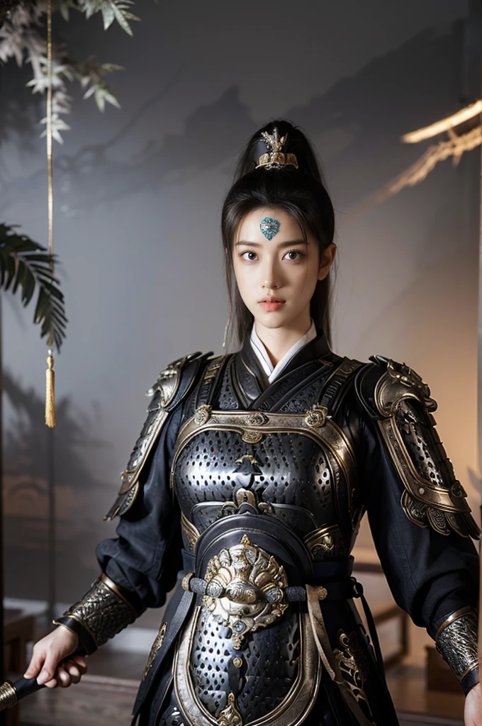 Game Art,Best picture quality,Maximum resolution,8k,(A bust photo),(portrait),(Head close-up),(Rule of Thirds),Unreal Engine 5 rendering works, (Future Girl),(Female Warrior),
20-year-old girl,(Ancient Chinese general),Eyes full of details,(Large Breasts),Elegant and noble,indifferent,brave,
(Wear Chinese-style armor,Tang dynasty armor,The costumes are rich in detail,Metallic luster,Silver gray),Chinese Characters,Fantasy style,
Photo poses,Field background,light,Ray Tracing,Game CG,((3D Unreal Engine)),oc rendering reflection pattern