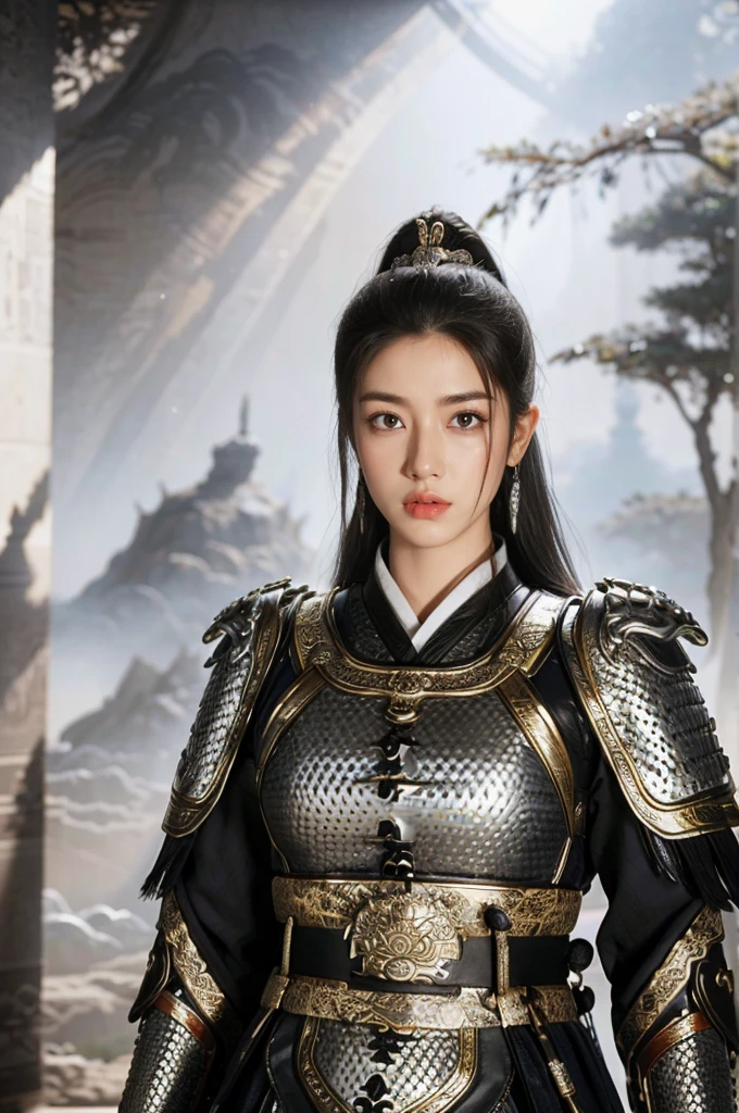 Game Art，Best picture quality，Maximum resolution，8k，(A bust photo)，(portrait)，(Head close-up)，(Rule of Thirds)，Unreal Engine 5 rendering works， (Future Girl)，(Female Warrior)， 
20-year-old girl，(Ancient Chinese general)，Eyes full of details，(Large Breasts)，Elegant and noble，indifferent，brave，
(Wear Chinese-style armor，Tang dynasty armor，The costumes are rich in detail，Metallic luster，Silver gray)，Chinese Characters，Fantasy style，
Photo poses，Field background，light，Ray Tracing，Game CG，((3D Unreal Engine))，oc rendering reflection pattern