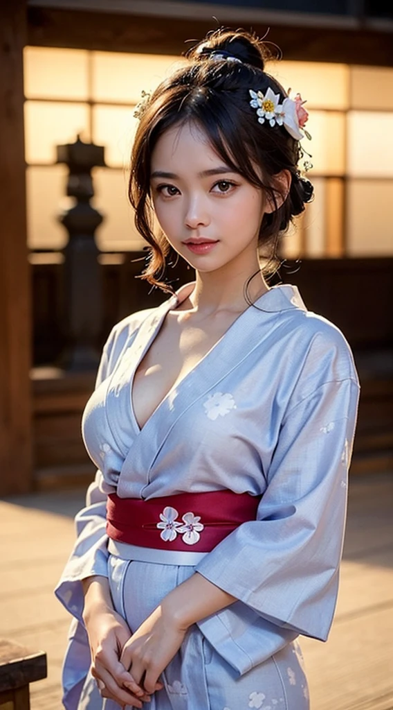 (masterpiece, highest quality:1.4), Beautiful Face, 8k, 85mm, Absurd, (Floral Yukata:1.4), Face close-up, violet, Gardenia, Delicate girl, alone, night, View your audience, Upper Body, Film Grain, chromatic aberration, Sharp focus, Face Light, Professional Lighting, Sophisticated, (smile:0.4), (Simple Background, Bokeh Background:1.2), detailed aspects,((Show one breast:1.67),((Very young, Very few, Very flat chest:1.5),(I was satisfied right after having sex and cumming inside:1.25)