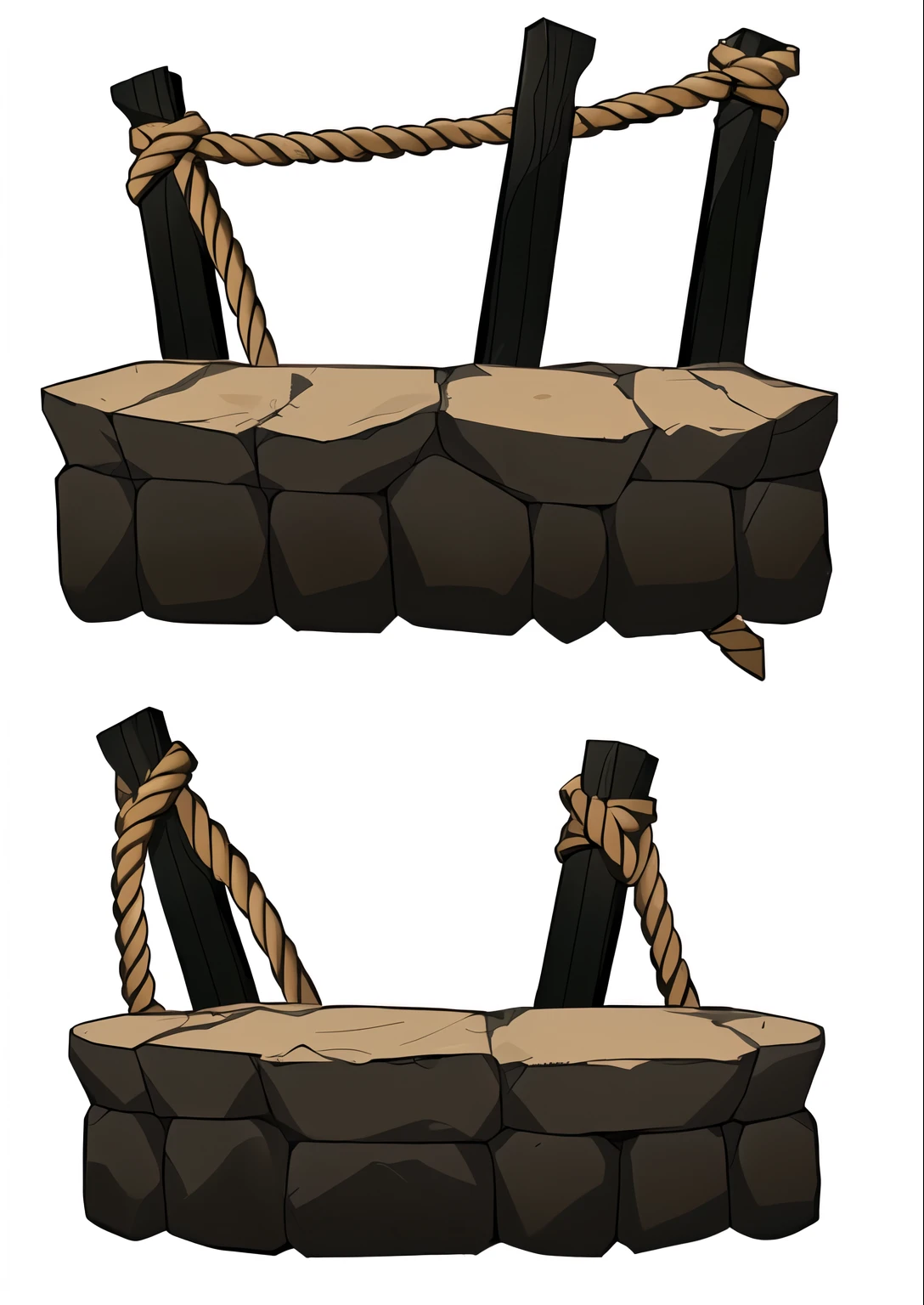 um conjunto de cestas de pedra e corda de desenho animado com uma corda, 2d ativo do jogo, 2 d ativo do jogos, ativo do jogo, seperated ativo do jogo, mobile ativo do jogo, arte conceitual, arte conceitual, arte detalhada do jogo, ativo do jogos, arte do jogo 2d, arte do jogo 2D, videoativo do jogo, arte conceitualwork, shoulder straps, texturas estilizadas, pontes de corda