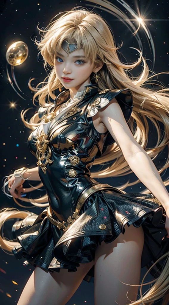 (Extremely detailed CG Unity 8K wallpaper, masterpiece, best quality), (Exquisite light and shadow, Very dramatic picture, Lens Effects), (Sailor Moon: 1.1), Charming smile, Double tail, blue eyes, blond, Tight top, White gloves, mini skirt, Dynamic poses), The background is the universe (Excellent details, Excellent lighting, wide angle), (Excellent rendering, Enough to stand out among similar products),