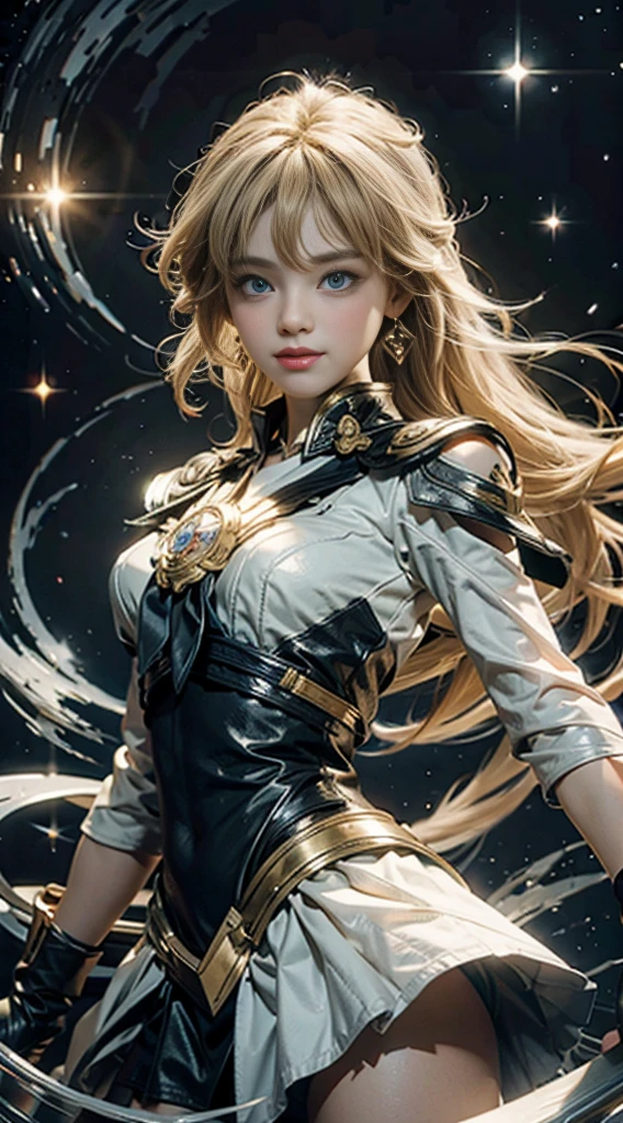 (Extremely detailed CG Unity 8K wallpaper, masterpiece, best quality), (Exquisite light and shadow, Very dramatic picture, Lens Effects), (Sailor Moon: 1.1), Charming smile, Double tail, blue eyes, blond, Tight top, White gloves, mini skirt, Dynamic poses), The background is the universe (Excellent details, Excellent lighting, wide angle), (Excellent rendering, Enough to stand out among similar products),