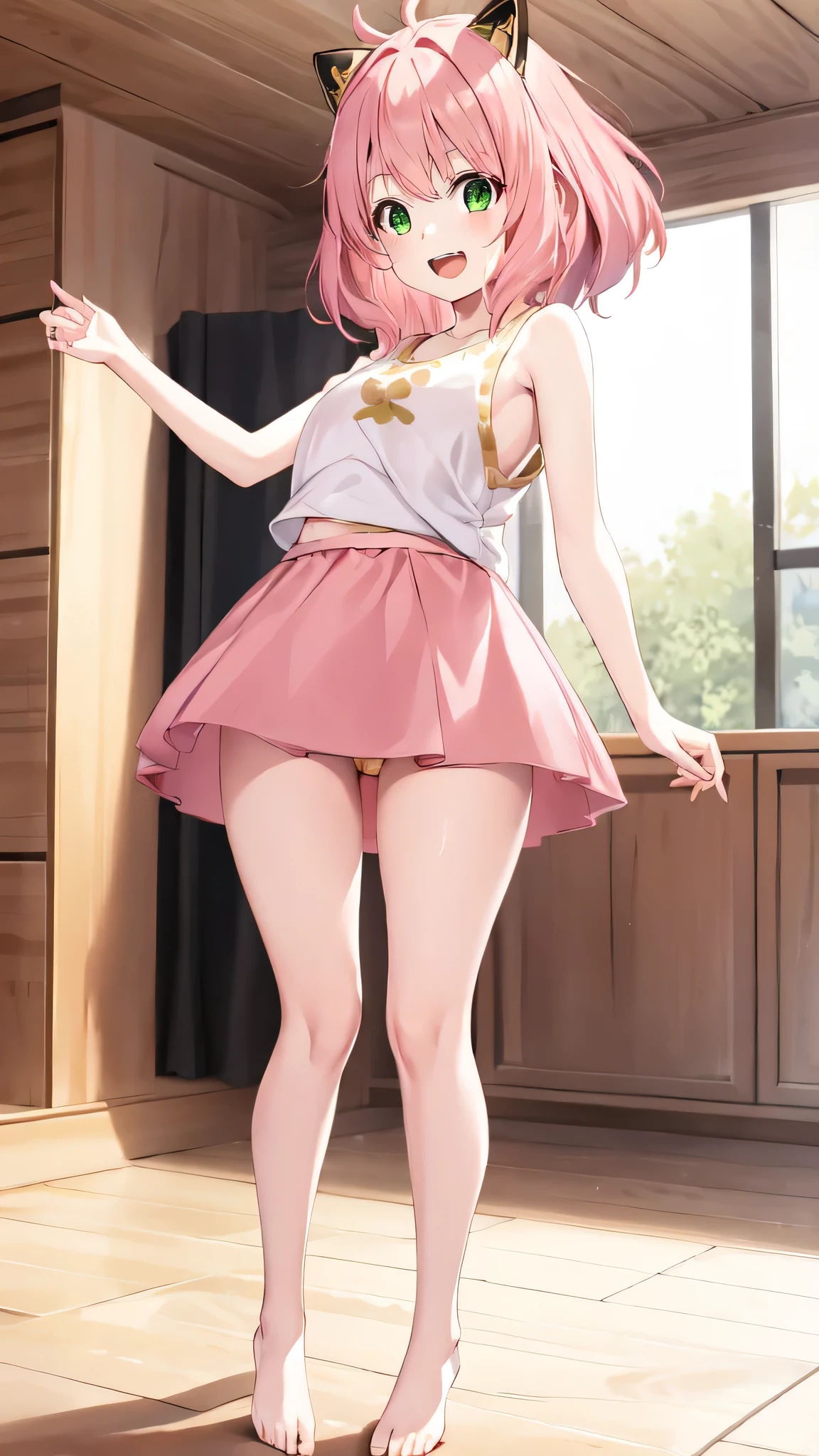 1girl, Pink hair, green eyes, smiling expression, blushing cheeks, white tank top with no bra, skirts, no shoes, black and gold cat ears headband, indoors, standing, adult:1.5), looking at the viewer, open mouth, long legs, buttchicks, slim body, wet