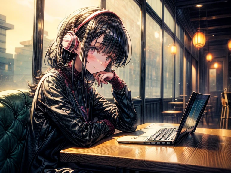 Anime Girl Sitting at a Table with Laptop and Headphones: A Lofi Portrait Inspired by Satoshi Kon In the heart of Rio de Janeiro, a lofi girl immerses herself in the tranquil ambiance of a cozy art nouveau café. She sits at a worn wooden table, her eyes glued to the screen of her laptop, headphones leaving soft trails of white in the air, as she indulges in the melodious symphony of lofi hip hop. The café, bathed in lofi colors, is filled with an air of peaceful nostalgia, reminiscent of Satoshi Kon's captivating art style.