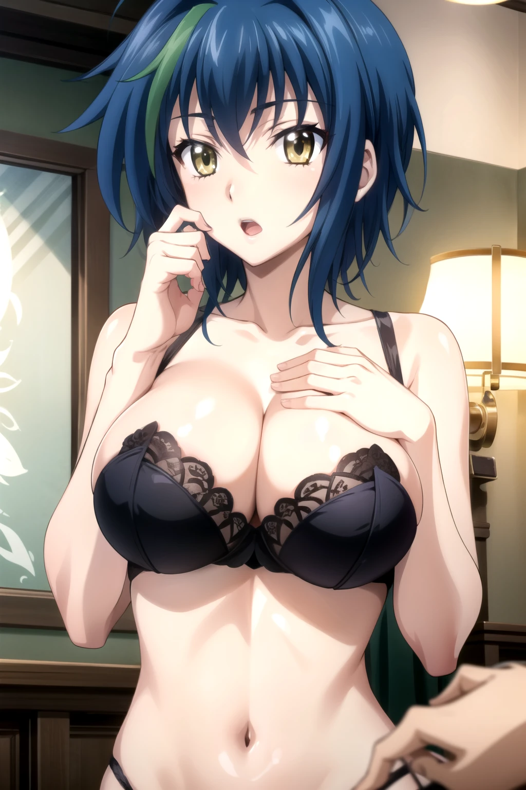 Looking at the audience, (Open your mouth:1.2), (阳Light, bright, 阳Light :1.2) not_DXD_Xenovia, 1 Girl, Solitary, Yellow eyes, Blue Hair, short hair, , Colorful hair, breast, Green Hair, Looking at the audience, Striped hair, Two-tone hair, Hair between the eyes, large breast, Young women,Fair Finger,Fair long legs,Fair Body,Fair Nose,Fair character design, Perfect eyes, perfect Face,expressive eyes, Looking at the audience,(Predominant_Body),(Focus on her Face), official art,Extremely detailed CG Unity 8K wallpaper, Perfect Lighting,rich and colorful, bright_front_Face_Light,發Light的皮膚, (masterpiece:1.0),(the best_quality:1.0), Ultra-high resolution,4K,Ultra Detailed, photography, 8k, HDR, high resolution, absurd:1.2, Kodak Portrait 400, Film Grain, Blurred background, Bokeh:1.2, 鏡頭Light暈, (Full of energy_color:1.2) (Fair,Big goals_Chest:1.4), (Fair_Face:1.5),(narrow_waist),black bra,black lace, black underwear, black lingerie