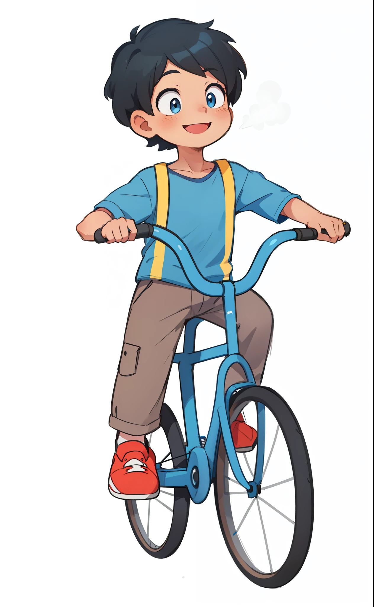 a smiling boy, with black hair, blue shirt, riding a bicycle book illustration, children's book illustration, children's book illustration