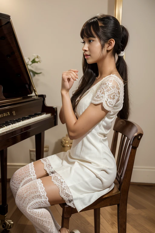 Young sweet beautiful Bogor city girl, 23 years old, descent mixed from sundanese and javanese, sweet georgeus face, slim body, black  neck long hairs pony tailed with a bangs, Greek nose, wearing white beautiful thin lace dress, siting on chair playing a big grand piano in empty room and singing cheerful, wearing high heels, realistic, very detail, best results, no cartoon, side front view, a diamond rings on her beautiful fingers, normal fingers shape, all in proportional size,