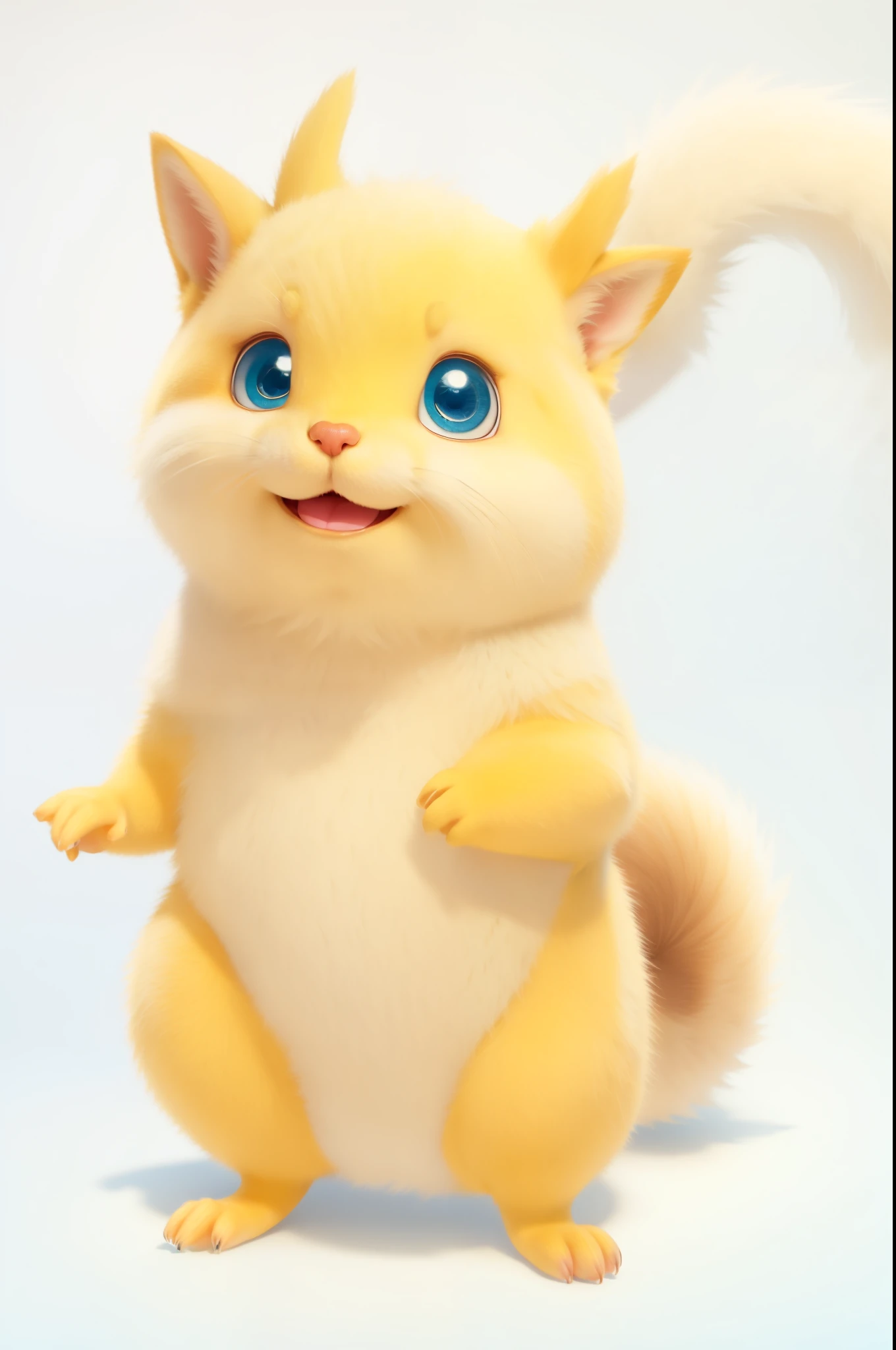 I'm smiling and dropping my hand、Cute Pixar-style boy 少し太った squirrel character、Wow cute、Yellow and white fur、Fluffy white fur around the mouth、The fur is very fluffy、Bright Blue Eyes
