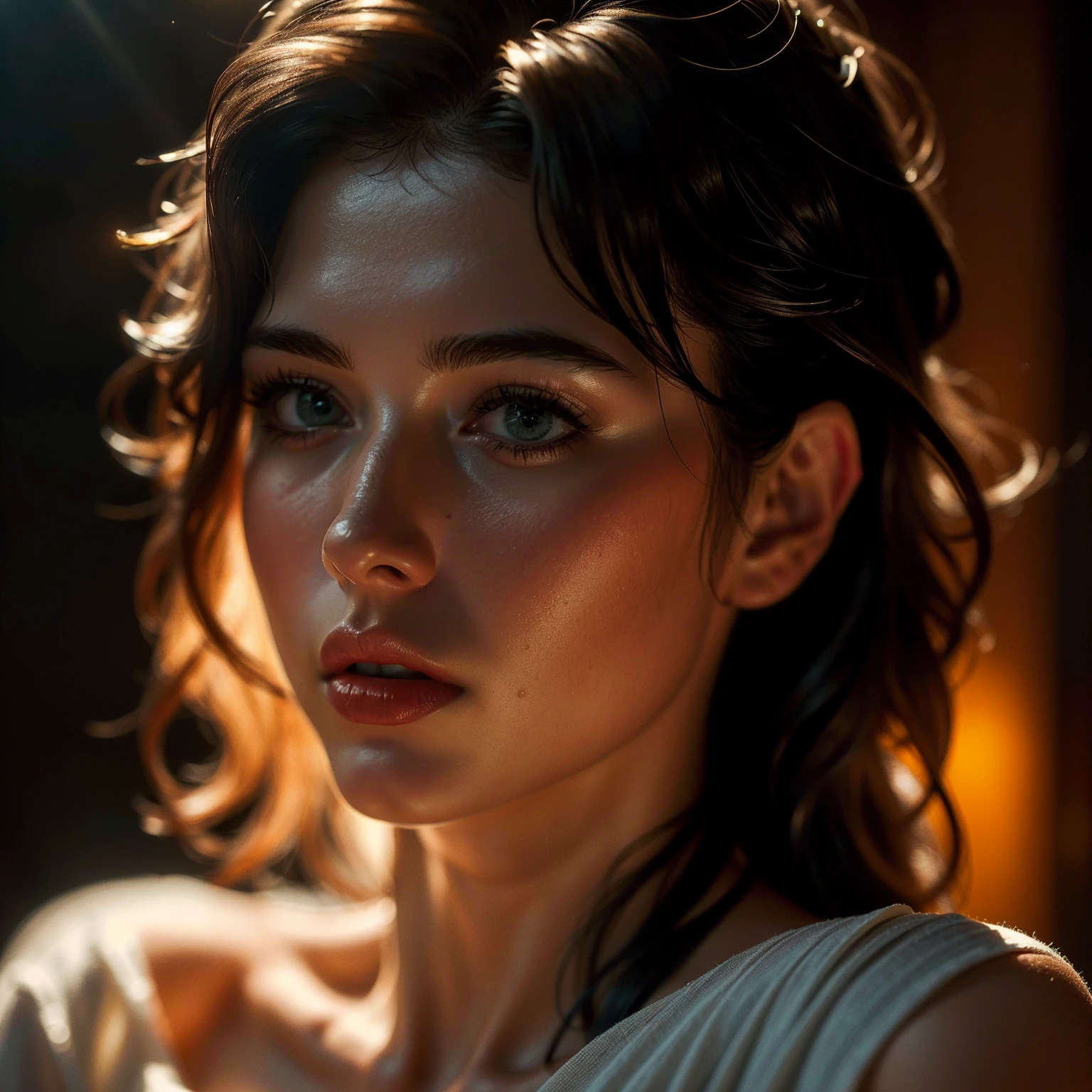 (((ultra realistic))) Photo, masterpiece, top quality, (pale skin), (Ultra detailed face and eyes:1.3), 1 girl in a T-shirt, (Eye makeup, mascara) , ((large detailed lips)), ((Dark hair)), ((Chyolka)) , (Natural breasts). ((Posing)), photoshoot, studio (soft lighting), (The play of light and shadows), depth of field, bokeh, (special attention to skin detail: 1.2), Detailed leather texture, skin pores. (Warm atmosphere of the frame. Color range - black, Red, Yellow tones), ((Film grain)), ((rays)), ((glare from the sun)), ((waist up portrait, close to the camera)) , ultra detialed,