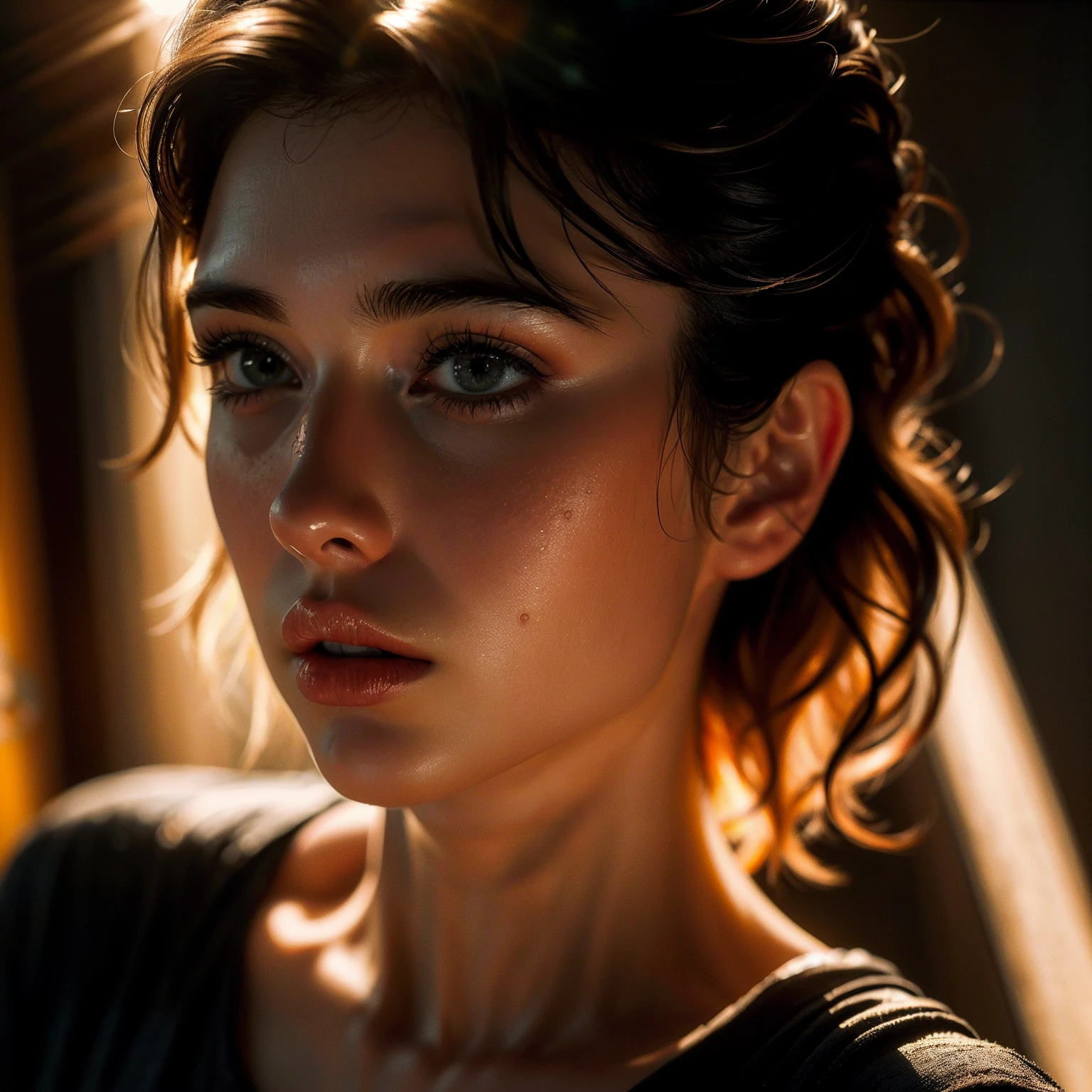 (((ultra realistic))) Photo, masterpiece, top quality, (pale skin), (Ultra detailed face and eyes:1.3), 1 girl in a T-shirt, (Eye makeup, mascara) , ((large detailed lips)), ((Dark hair)), ((Chyolka)) , (Natural breasts). ((Posing)), photoshoot, studio (soft lighting), (The play of light and shadows), depth of field, bokeh, (special attention to skin detail: 1.2), Detailed leather texture, skin pores. (Warm atmosphere of the frame. Color range - black, Red, Yellow tones), ((Film grain)), ((rays)), ((glare from the sun)), ((waist up portrait, close to the camera)) , ultra detialed,