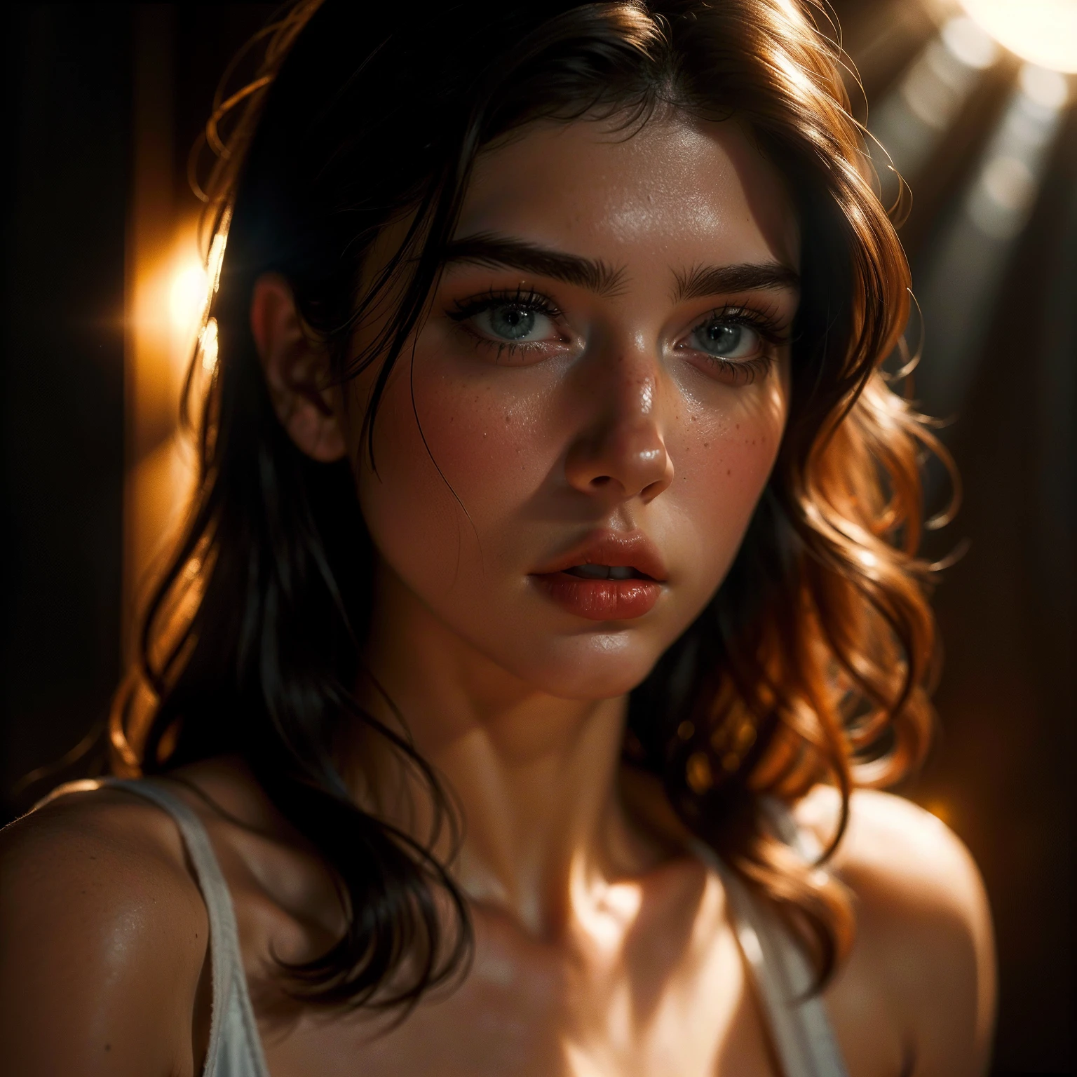 (((ultra realistic))) Photo, masterpiece, top quality, (pale skin), (Ultra detailed face and eyes:1.3), 1 girl in a T-shirt, (Eye makeup, mascara) , ((large detailed lips)), ((Dark hair)), ((Chyolka)) , (Natural breasts). ((Posing)), photoshoot, studio (soft lighting), (The play of light and shadows), depth of field, bokeh, (special attention to skin detail: 1.2), Detailed leather texture, skin pores. (Warm atmosphere of the frame. Color range - black, Red, Yellow tones), ((Film grain)), ((rays)), ((glare from the sun)), ((waist up portrait, close to the camera)) , ultra detialed,