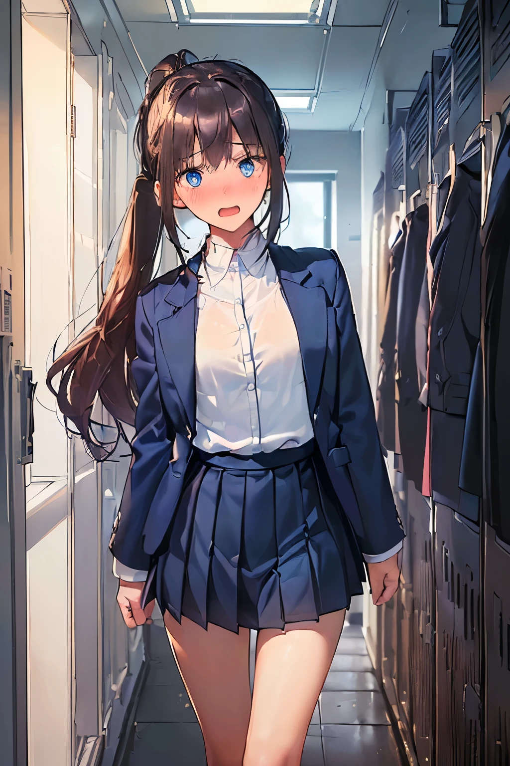 ((best quality)), ((masterpiece)), ((detailed)), (((perfect face))), (((small bust))), (((slender 18yo woman))), (((dark blue suit jacket))), ((dark blue pleated skirt from waist to thighs))), ((dark brown hair)), ((short ponytail)), (((blue eyes))), ((blushing:1.5)), (((looking at viewer))), (((((white shirt))))), (((standing))) (((interior corridor, lockers, windows))), (((surprised:1.5))), (((wide open mouth))), (((arms by side)))