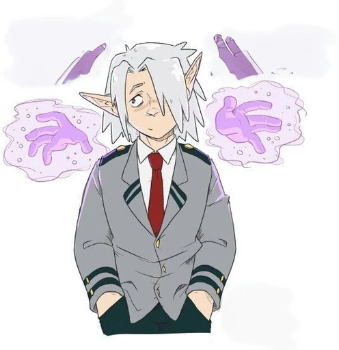 Um homem de cabelo branco, tem sardas, e tem orelhas de elfo, He has ghost magic and with that he can control the two big purple hands that are near his head